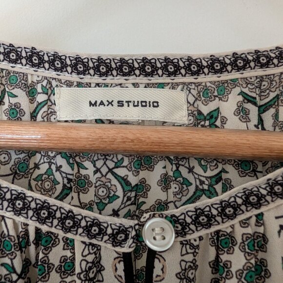 Max Studio Plus Size 1X 16-18 Boho Geometric Blouse Flowy Ivory Black Green - Picture 3 of 5